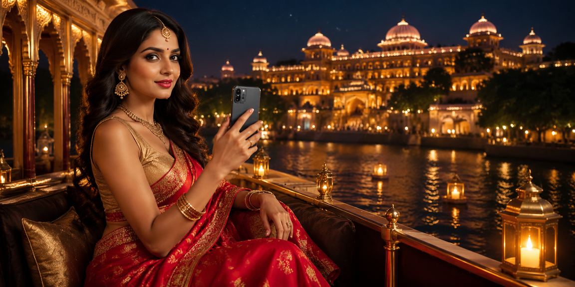 Indian woman using mobile payment apps for online betting in traditional saree