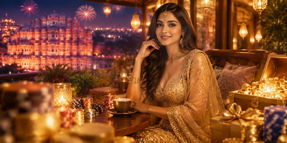Young woman in Jaipur playing Teen Patti on phone during festival season